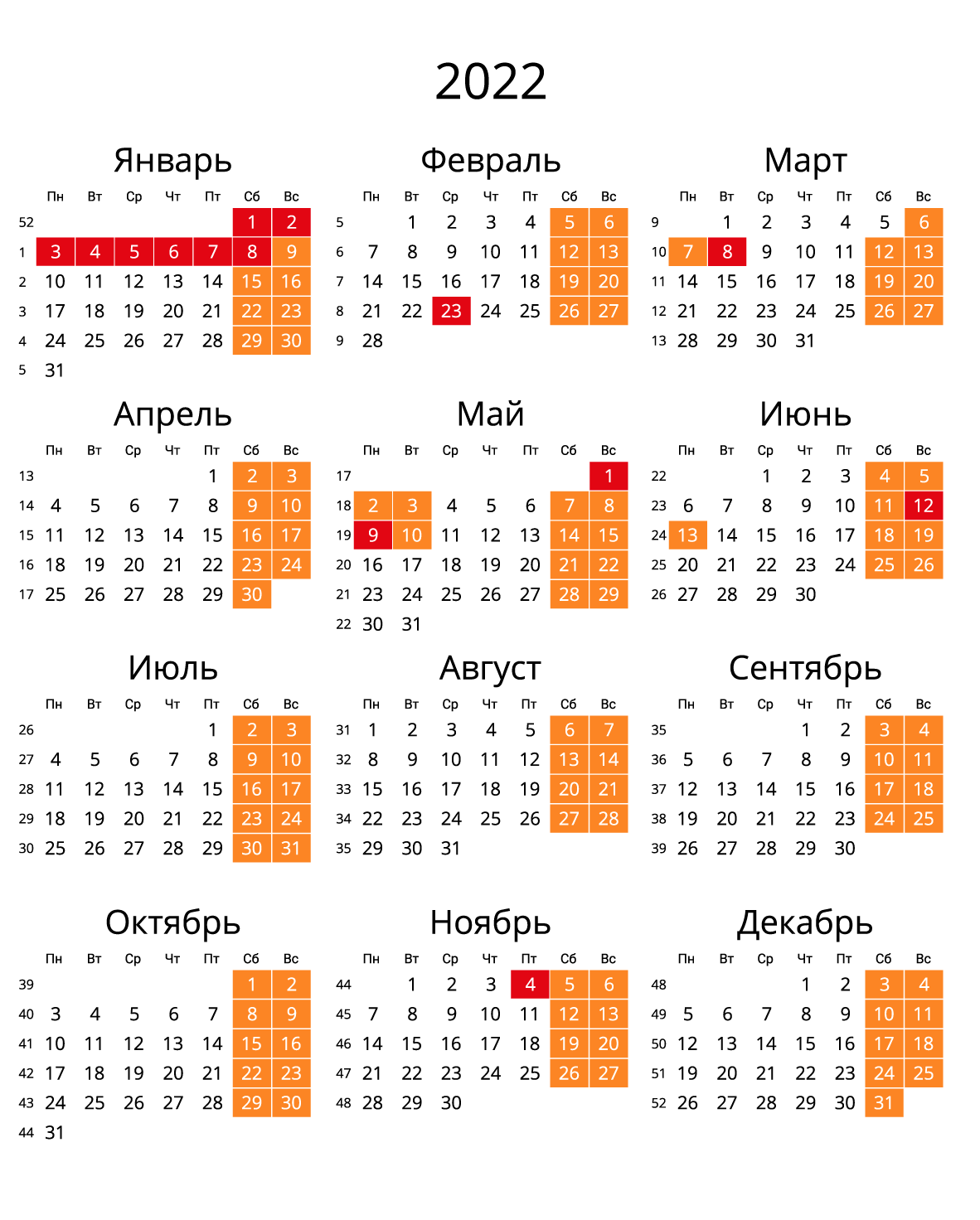 Календарь на 2022 год — С номерами недель