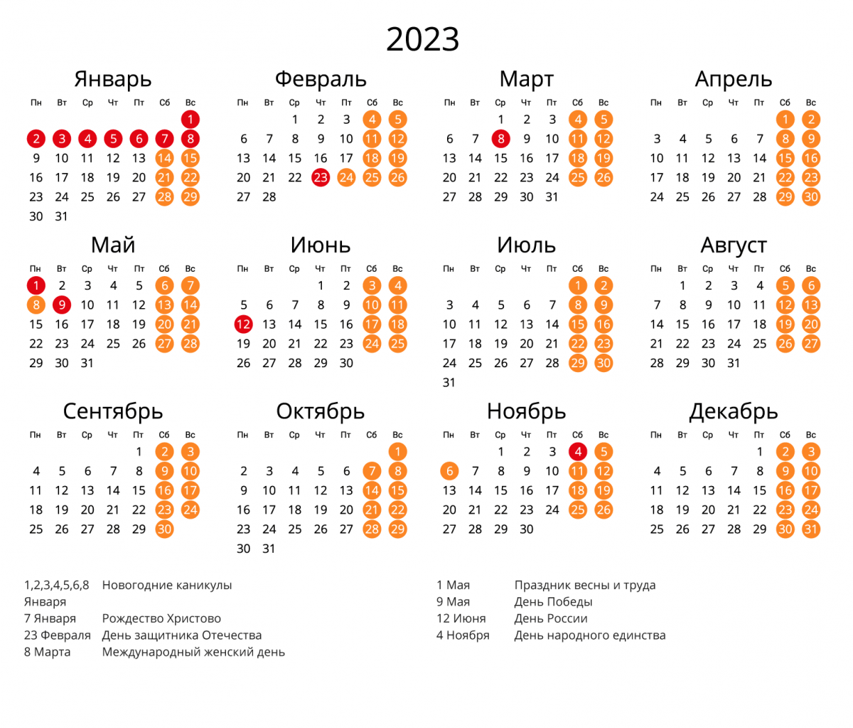 Рабочий календарь праздничных дней на 2023 год