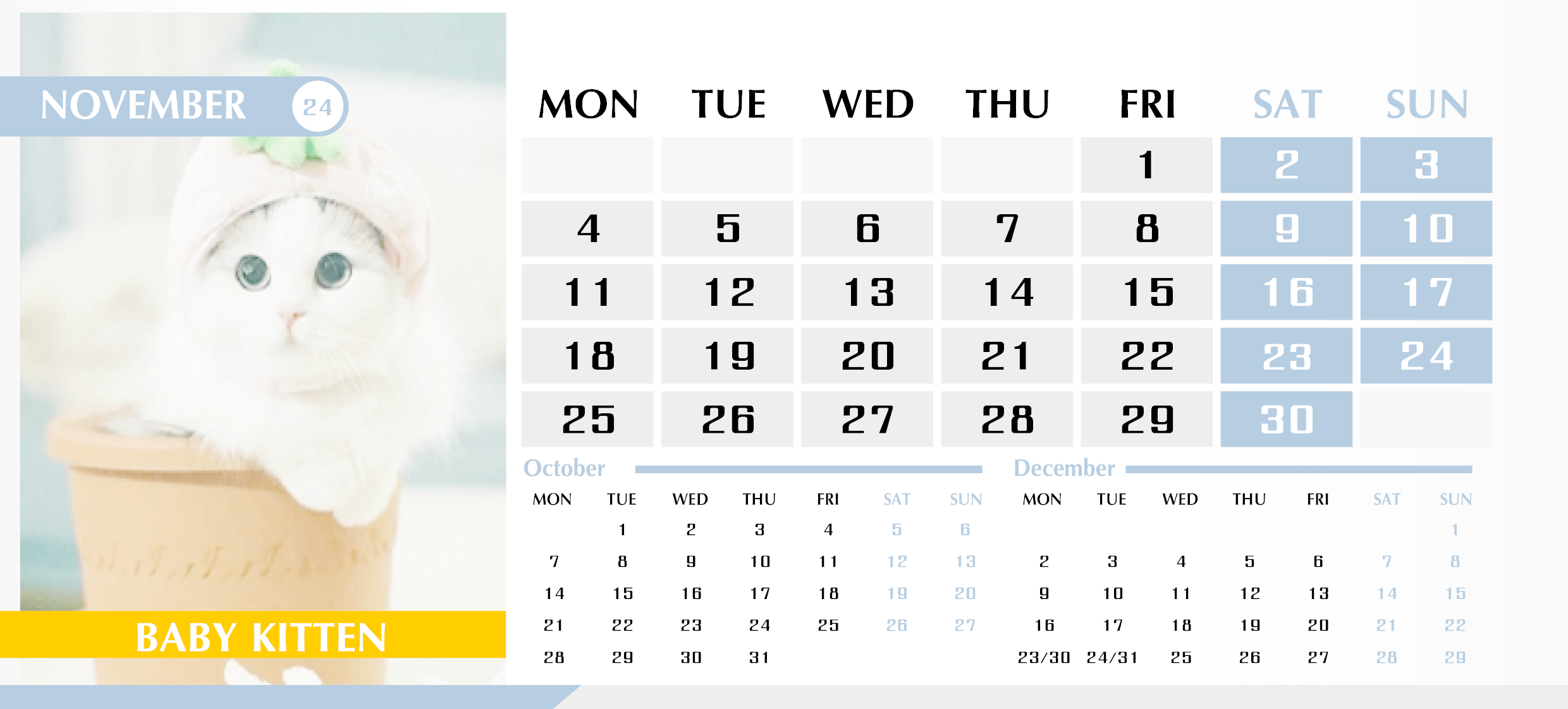 Календарь с котиками на Ноябрь 2024 — English