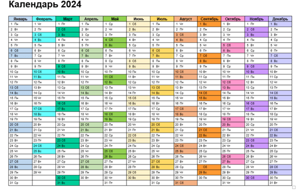 Календарь в столбик на 2024 год