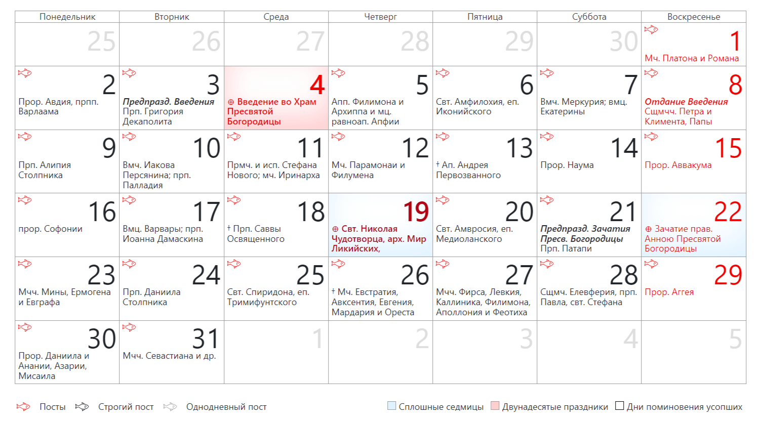 Православный церковный календарь на Декабрь 2024 года