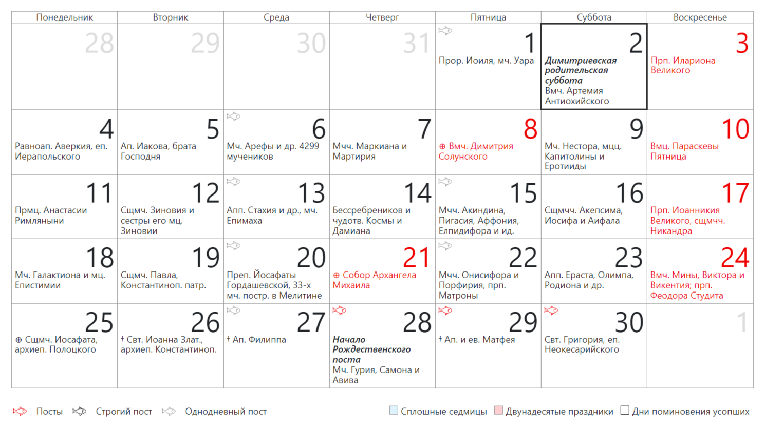 Православный церковный календарь на Ноябрь 2024 года